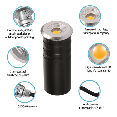 एलईडी सीढ़ी स्टेप लाइट मिनी IP67 1W CREE XPE एलईडी एकल रंग 316# एल्यूमीनियम बैक बॉक्स के साथ स्टेनलेस स्टील