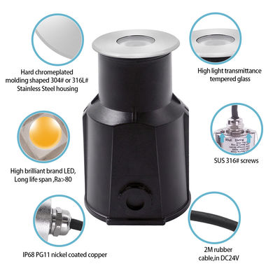 मिनी रिसेस्ड 1W 2W एलईडी भूमिगत पूल लाइट IP68 3000k 12V / 24V डीसी