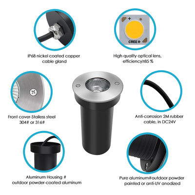 सीओबी इनग्राउंड रिसेस्ड लाइट्स 316SS 6W 12V-24V IP67 वाटरप्रूफ स्टेनलेस स्टील फ्रंट कवर