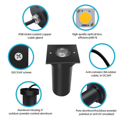 6W COB एलईडी 85mm*85mm ब्लैक एल्यूमीनियम हाउसिंग स्क्वायर आकार आउटडोर आँगन उद्यान के लिए भूमिगत दफन एलईडी रोशनी