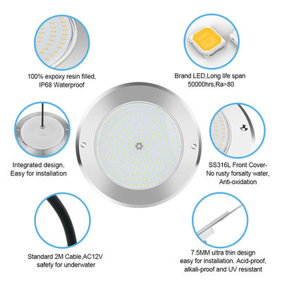 SUS316 कवर माउंट IP68 DC12V 3000K पानी के नीचे एलईडी स्पा तालाब प्रकाश व्यवस्था