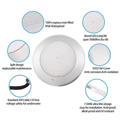 वाटरप्रूफ PAR56 एलईडी पूल लाइट 316SS हाउसिंग अल्ट्रा पतला 7.5 मिमी राल से भरा हुआ दीवार 230MM 18W 25W डीसी AC12V माउंट