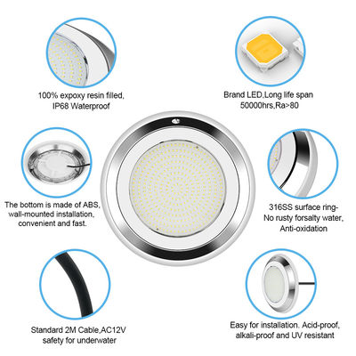IP68 280 मिमी दीवार घुड़सवार स्टेनलेस स्टील आरजीबी पानी के नीचे एलईडी स्विमिंग पूल प्रकाश
