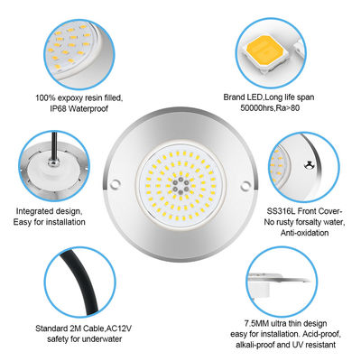 Par 56 Rgb एलईडी स्विमिंग पूल लाइट 6W 10W 18W 25W 35W 42W अल्ट्रा पतला 7.5mm सुपर स्लिम राल भरा हुआ AC 12V वोल्टेज एसएस 316 एल सामग्री के साथ एसएमडी एलईडी