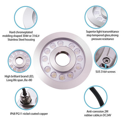 गोल फव्वारे IP68 स्टेनलेस स्टील DMX नियंत्रण RGB 24V LED पानी के नीचे की रोशनी 12W 24W 36W