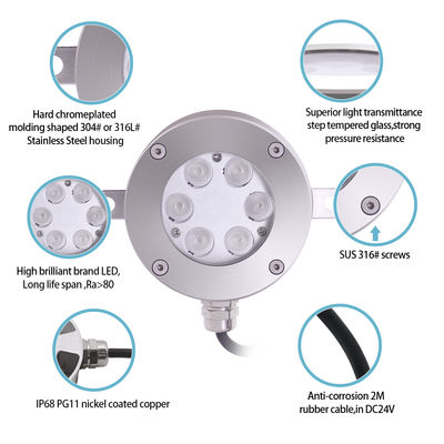 DMX512 नियंत्रणीय LED फाउंटेन लाइट DC24V 12W 3000K स्टेनलेस स्टील IP68 लैंडस्केप अंडरवाटर के लिए