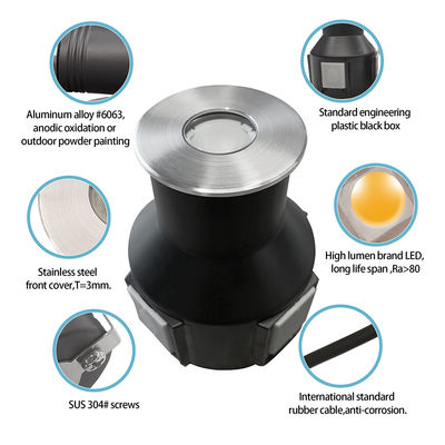 IP67 अंतर्निहित भूमिगत प्रकाश निम्न वोल्टेज 1W 3W 3000K DC24v स्टेनलेस स्टील फ्रंट कवर के साथ गोल वर्ग आकार