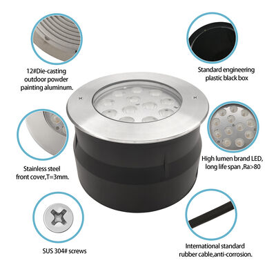 IP67 एलईडी भूमिगत प्रकाश 12W 24W 36W DIA185MM RGB3in1 3000K गर्म सफेद गार्डन पार्क प्लाजा के लिए
