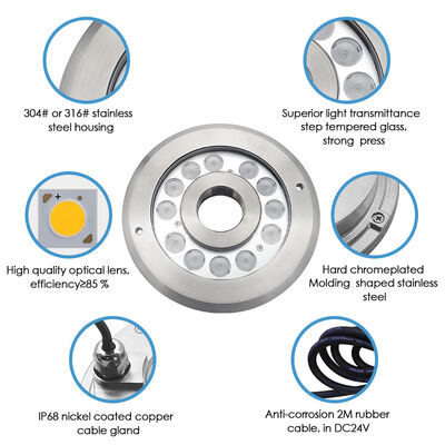 एलईडी फव्वारा प्रकाश DMX 512 Recessed घुड़सवार IP68 12W 24W आरजीबी स्टेनलेस स्टील वाटर जेट