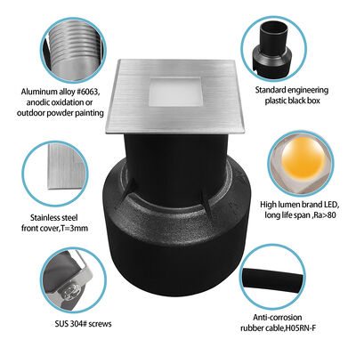 एलईडी अंडरग्राउंड लाइट्स 3W स्क्वायर शेप 304 या 316 स्टेनलेस स्टील 45*45MM फ्रेम एल्यूमीनियम डाई कास्ट बॉडी
