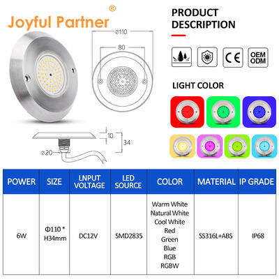 IP68 पानी के नीचे PAR 56 पूल लाइट 6W SMD2835 आयाम 110*34MM अल्ट्रा पतला 10MM