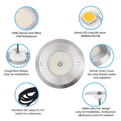 एलईडी पूल लाइट्स DC12V 42W 10MM मोटाई एकीकृत SMD 2835 आरजीबी रंग बदलने वाले राल स्टेनलेस स्टील सामग्री से भरा