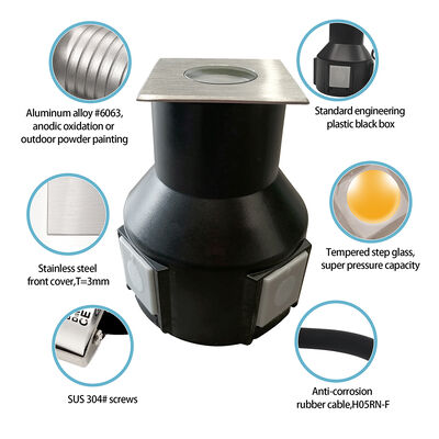 ग्राउंडेड एलईडी लाइट बीम एंगल 8 डिग्री DC24V 3W 3000K 50*50MM IP67 एल्यूमीनियम बॉडी के साथ