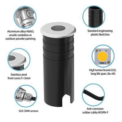 एलईडी अपलाइट 316 स्टेनलेस स्टील कवर एल्यूमिनियम लैंप बॉडी टेम्पर्ड ग्लास IP67 1W गर्म सफेद 3000K