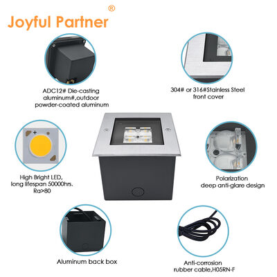 स्क्वायर एलईडी भूमिगत रोशनी 24V 8W 3000K 316 स्टेनलेस स्टील फेसप्लेट ABS आस्तीन के साथ
